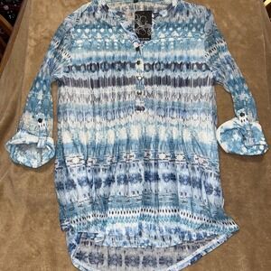 Ava & Grace Women Sm Navy Teal White Pleat Mesh Quarter Sleeve Henley Tunic Top